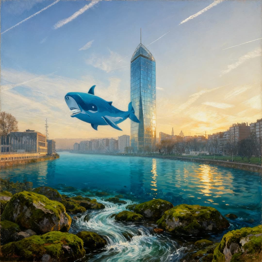 Surrealistic whale swimming between skyscrapers
